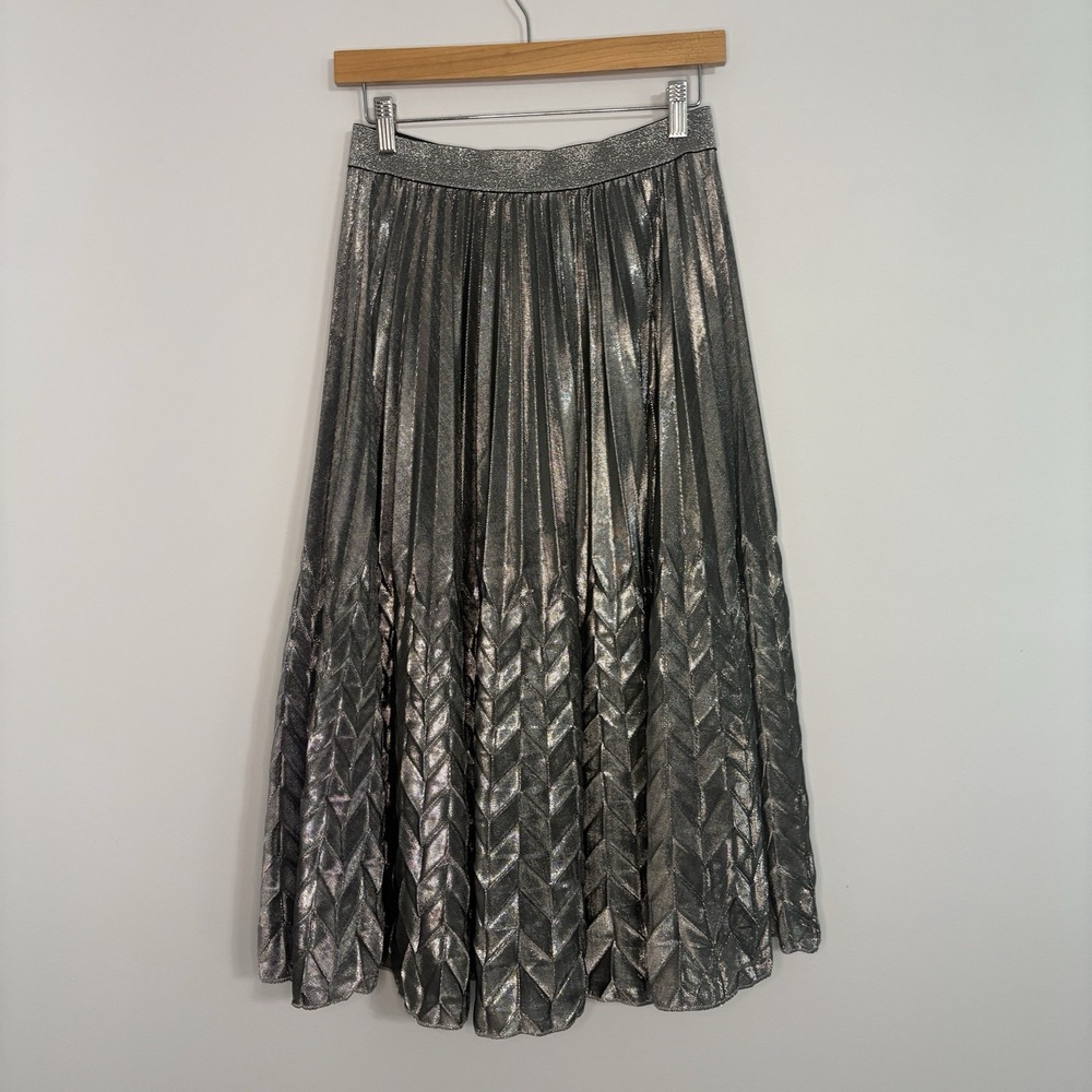 WD.NY Metallic Silver Pleated Chevron Midi Skirt Size Small Retro Disco Glam